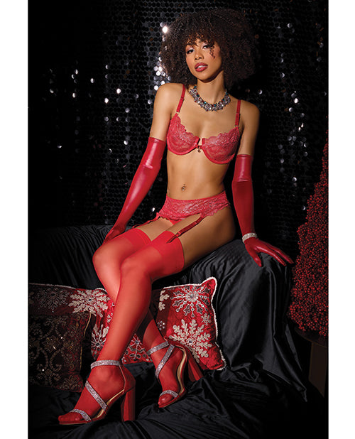 Coquette Metallic Stretch Lace Underwire Bra & Crotchless Garter Panty, Red, Medium