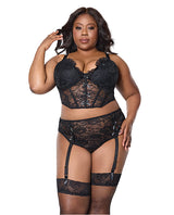 Lace Bustier w/Padded Cups & Gartered Thong Panty 2 pc Set - Black 1X/2X by Coquette