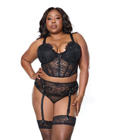 Lace Bustier w/Padded Cups & Gartered Thong Panty 2 pc Set - Black 1X/2X by Coquette