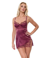 Scallop Lace Trimmed Stretch Satin Chemise w/Underwire Cups - Mauve Plum MD by Coquette