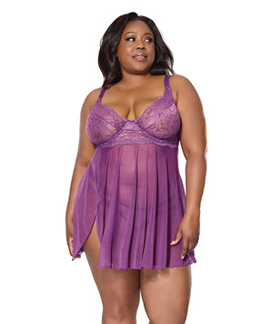 Metallic Stretch Lace & Mesh Babydoll w/Thong - Purple 1X/2X by Coquette