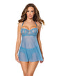 Floral Lace and Mesh Babydoll w/Underwire Cups & High-Waist Thong 2 pc Set - Blue LG by Coquette