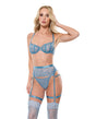 Floral Lace with Gold Hardware Underwire Bra w/Garter & Thong 3 pc Set - Blue MD by Coquette