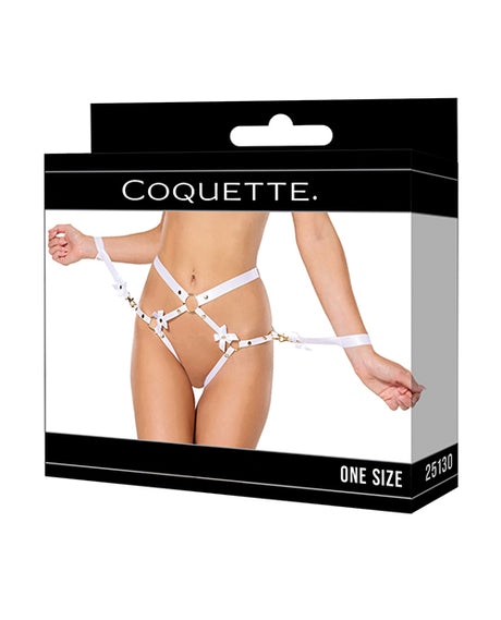 Coquette Satin Ribbon Harness & Cuffs Set — White/Gold, One Size