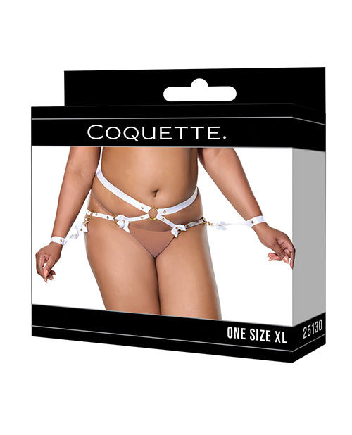 Coquette Satin Ribbon Elastic Harness & Cuffs Set — White/Gold, Queen