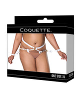 Coquette Satin Ribbon Elastic Harness & Cuffs Set — White/Gold, Queen