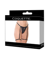 Coquette Lace Thong with Attached Garters & Bow — Large, Black