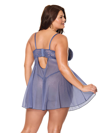 Coquette Twilight Fever Lace & Mesh Babydoll with G-String — Navy 3X/4X