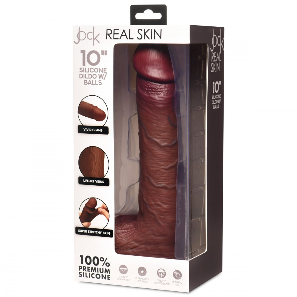 10 Inch Real Skin Silicone Dildo with Balls - Dark - image 4