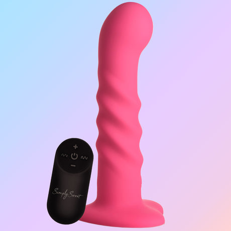 Simply Sweet 21X Ribbed Vibrating Silicone Dildo, Pink — 7.1 in - 653078944105
