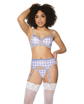 Crystal Pink Buffalo Check Print, Bra, Garter Belt & String Grey/Pink XL by Crystal Pink Collection