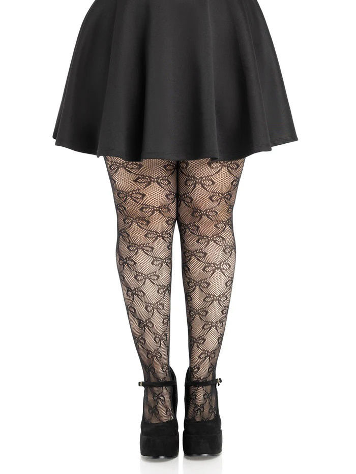 Leg Avenue Plus Bow Net Tights — 1X/2X, Black - LA-9236XBK1X2