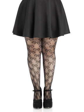 Leg Avenue Plus Bow Net Tights — 1X/2X, Black - LA-9236XBK1X2
