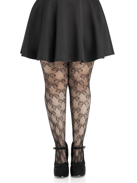 Leg Avenue Plus Bow Net Tights — 1X/2X, Black - LA-9236XBK1X2
