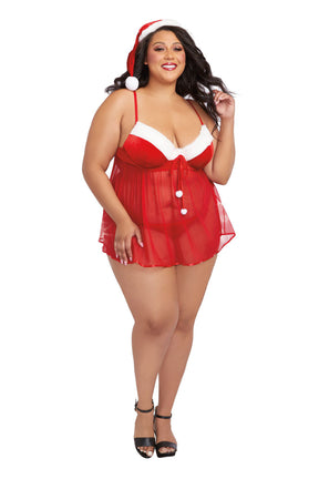 Dreamgirl Santa Babydoll Set with Thong & Hat — Lipstick Red, 3X - DG-12117LRD3X