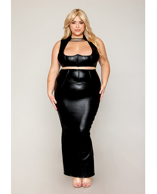 Stretch Faux Leather Harness Bra & Long Slip Skirt - Black 1X by Dreamgirl