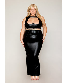 Stretch Faux Leather Harness Bra & Long Slip Skirt - Black 1X by Dreamgirl