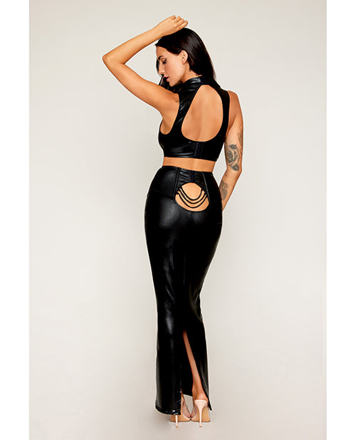 Stretch Faux Leather Harness Bra & Long Slip Skirt - Black SM by Dreamgirl