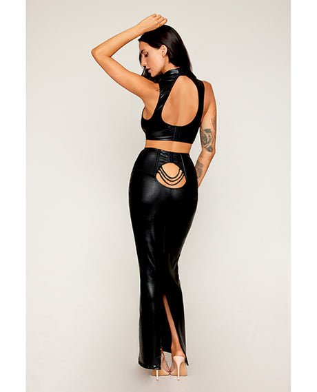 Stretch Faux Leather Harness Bra & Long Slip Skirt - Black SM by Dreamgirl