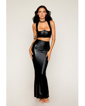 Stretch Faux Leather Harness Bra & Long Slip Skirt - Black XL by Dreamgirl