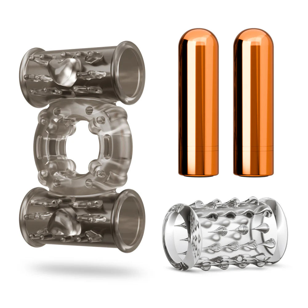 "Stay Hard Vibrating Cock Ring Set With Dual Bullets Textured Sheath BL-77509"