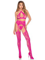 Leg Avenue 3-Piece Lace Open-Cup Set — Crotchless Panty & Garter Stockings, OS Magenta - LA-89371MAGOS