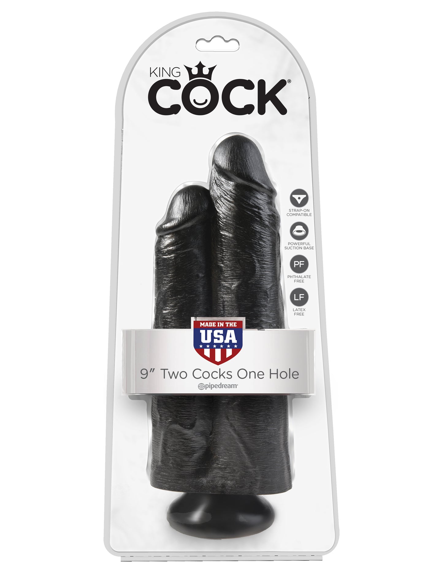 King Cock 9" Two Cocks One Hole - Black by Pipedream