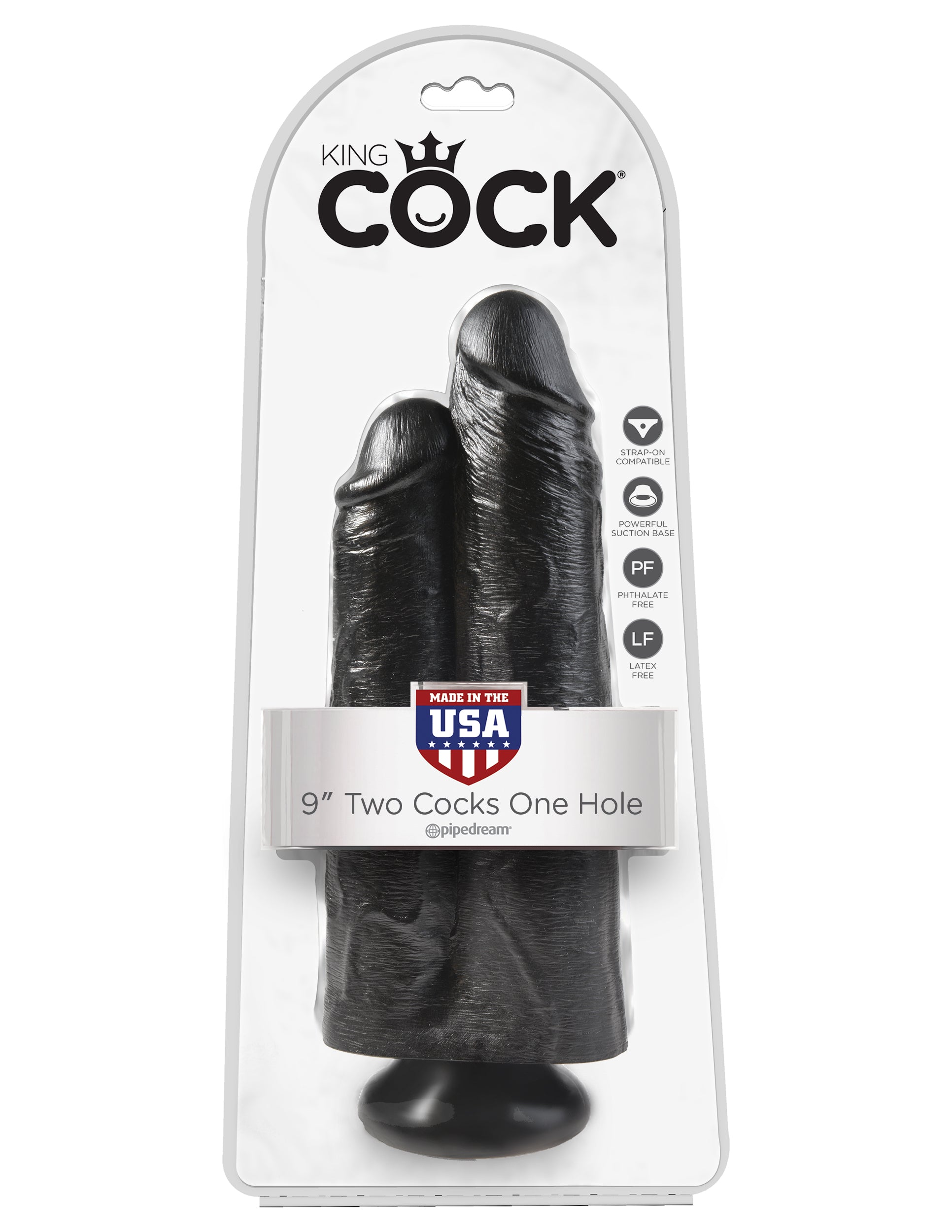 King Cock 9" Two Cocks One Hole - Black by Pipedream