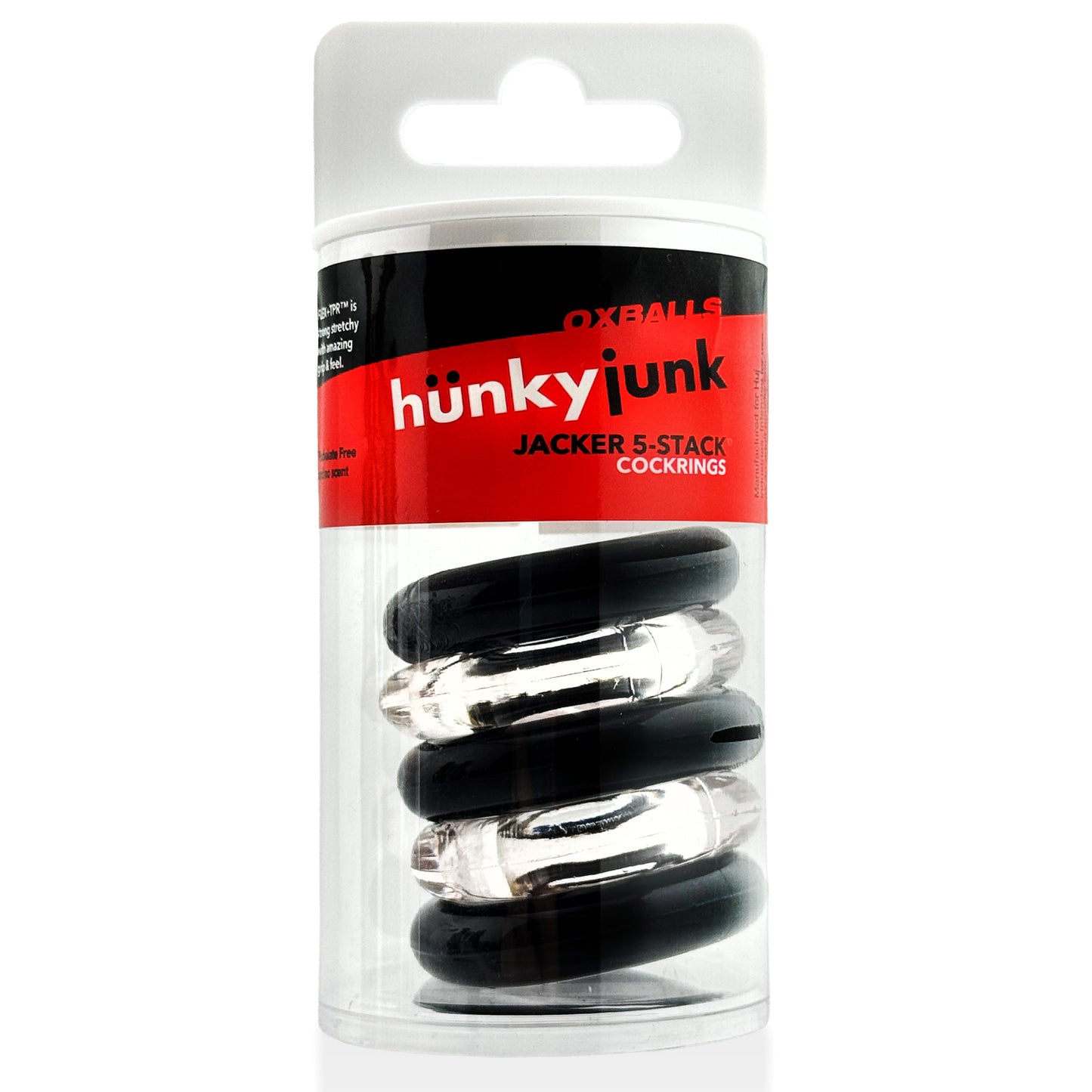 Oxballs Jacker 5-Stack Cockrings 5-Pack Clear/Black 45mm - HUJ-151-CL/BK