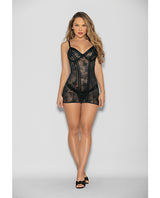 Flame Fetish Boss Lady Lace Up Back Chemise & Wide Band Thong Black LG by Flame Fetish by Escante