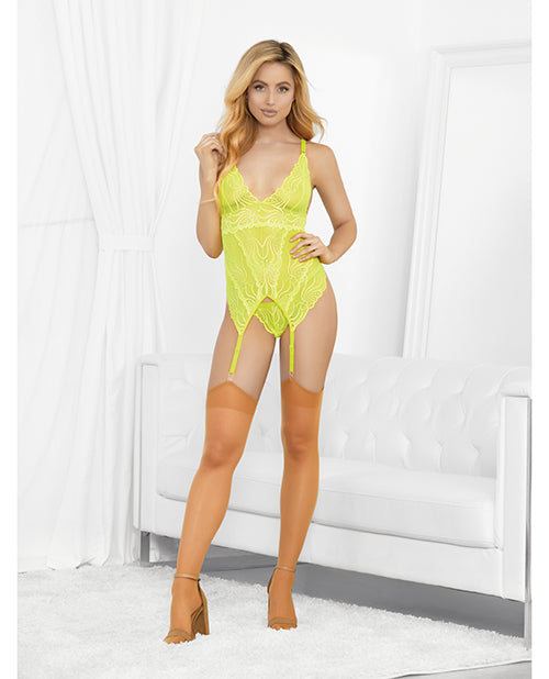 Neons Bustier w/Nude Hose & G-String Neon Lime XL by Escante