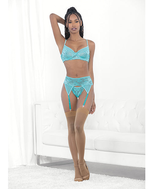 Lace & Mesh Underwire Bra, Garterbelt & G-String Malibu Blue MD by Escante