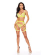 Embroidered Floral Lace Bra w/Thong & Chaps Blacklight Reactive 3 pc Set - Yellow LG by Escante