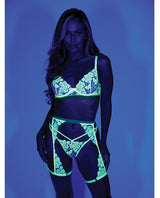 Embroidered Floral Lace Bra w/Thong & Chaps Blacklight Reactive 3 pc Set - Yellow MD by Escante