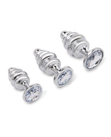 Gemsations 3 pc 2.95" & 3.25" & 3.7" Ripple Bling Bling Metal Butt Plug Training Set - Silver by Gemsations