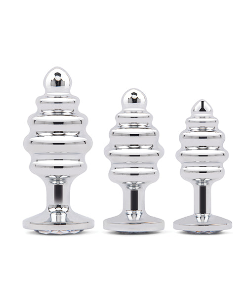 Gemsations 3 pc 2.95" & 3.25" & 3.7" Ripple Bling Bling Metal Butt Plug Training Set - Silver by Gemsations