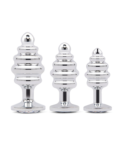 Gemsations 3 pc 2.95" & 3.25" & 3.7" Ripple Bling Bling Metal Butt Plug Training Set - Silver by Gemsations