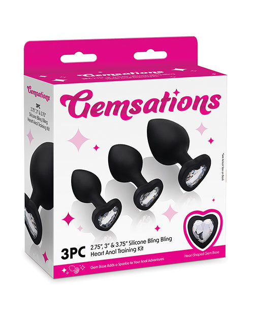 Gemsations 3 pc 2.75" & 3.15" & 3.7" Silicone Bling Bling Heart Butt Plug Training Set - Black by Gemsations