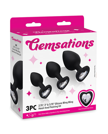 Gemsations 3 pc 2.75" & 3.15" & 3.7" Silicone Bling Bling Heart Butt Plug Training Set - Black by Gemsations