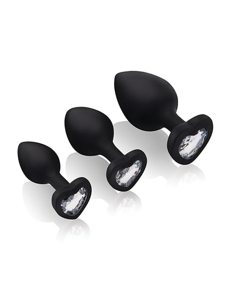 Gemsations 3pc Silicone Heart Butt Plug Training Set — 2.75, 3.15 & 3.7 in, Black