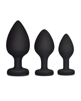 Gemsations 3pc Silicone Heart Butt Plug Training Set — 2.75, 3.15 & 3.7 in, Black