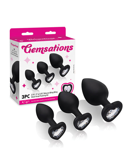 Gemsations 3pc Silicone Heart Butt Plug Training Set — 2.75, 3.15 & 3.7 in, Black