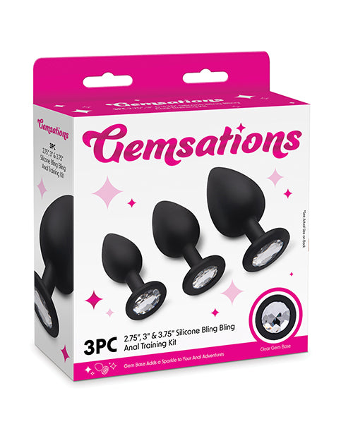 Gemsations 3 pc 2.75" & 3.15" & 3.7" Silicone Bling Bling Butt Plug Training Set - Black by Gemsations