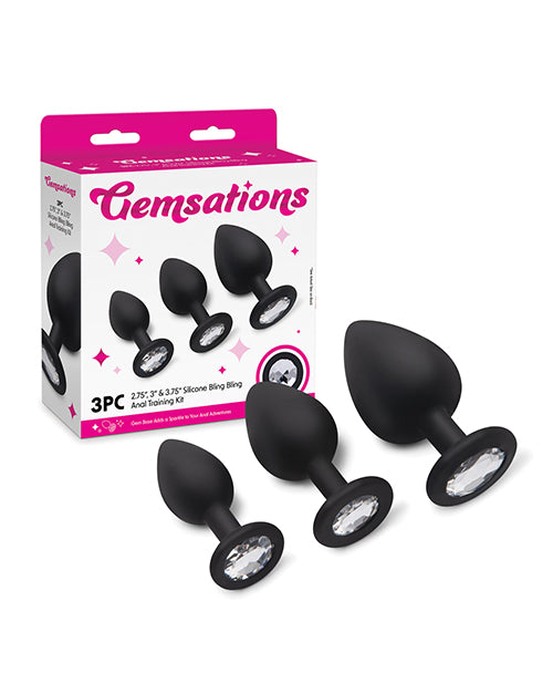 Gemsations 3-Piece Silicone Anal Training Plugs — Black (2.75", 3.15", 3.7")