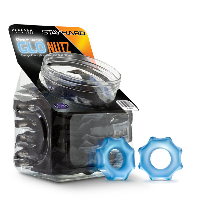 Blush Stay Hard Glo Nutz Glow-In-The-Dark Cock Ring — 40-Pack (Blue) - BL-409992