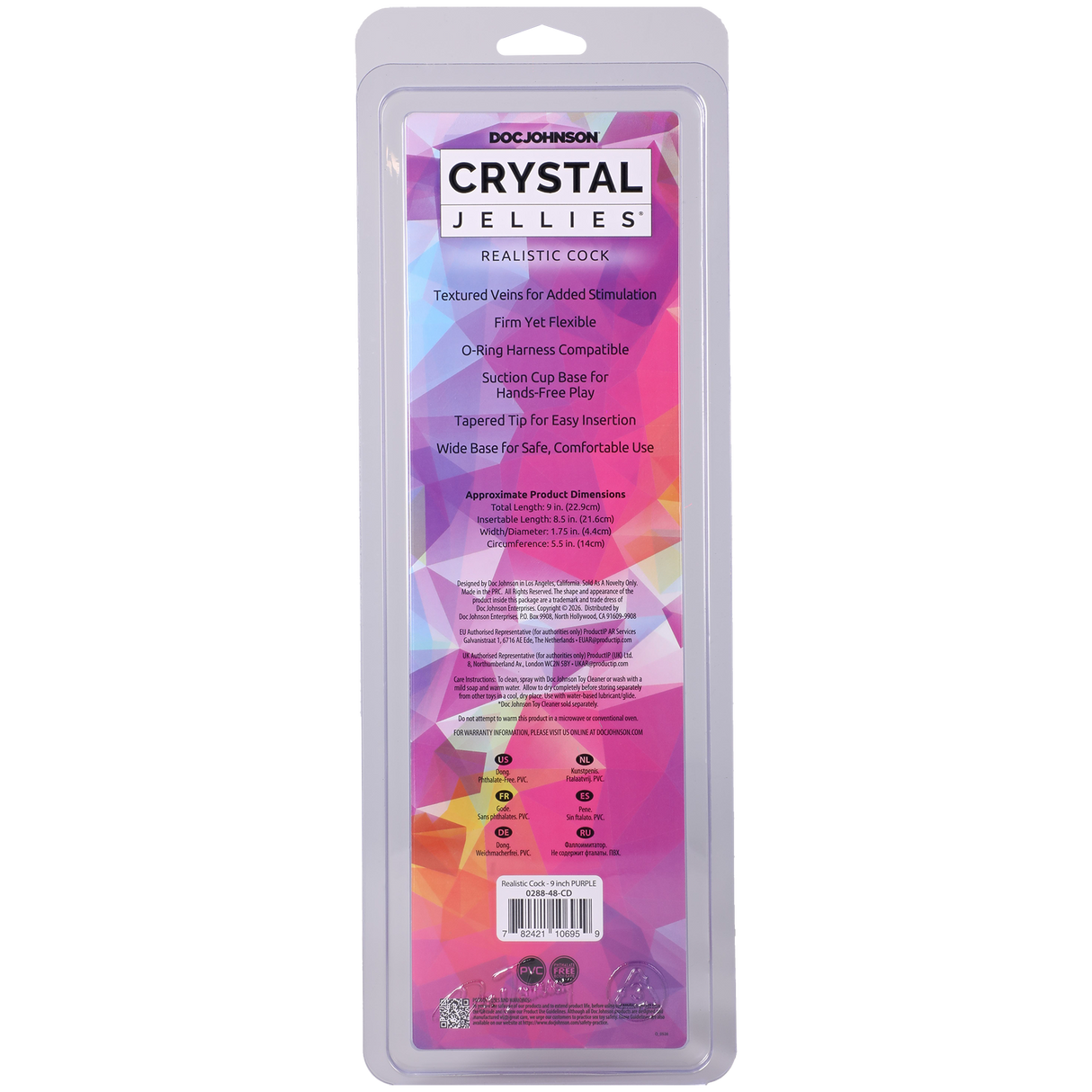 Doc Johnson Crystal Jellies Realistic Dildo, 9 in Purple with Suction Base - DJ0288-48-CD