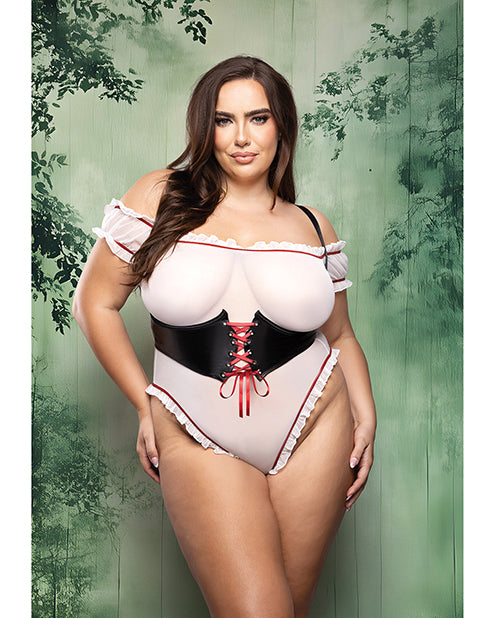 Dangerous Darling Sheer Mesh Ruffle Teddy w/Waist Cincher & Hooded Cape 3 pc Set - Black/White 3X/4X by Play by Fantasy Lingerie