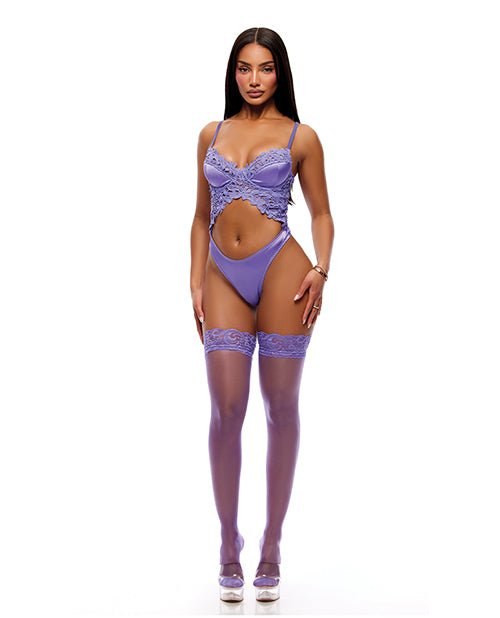 See It Through Guipure Teddy Set w/Stockings - Purple MD by Forplay