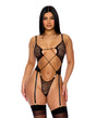Pull My Strings Sheer Mesh Teddy w/Garters & Faux Pearl Details - Black LG by Forplay