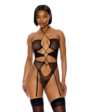 Pull My Strings Sheer Mesh Halterneck Teddy - Black MD by Forplay